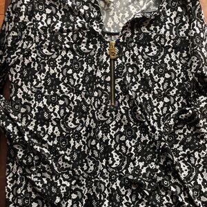 Michael Kors Black and White Lace-Print Jacket with Gold Zip